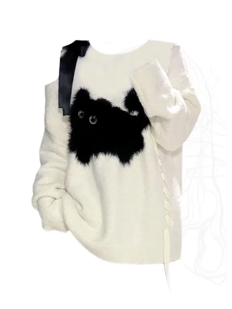 High Quality Sweet Preppy Style Cartoon Cat Sweater Y2k O-Neck Oversized Knitted Pullover Mori Girl Casual Jumper Autumn Winter