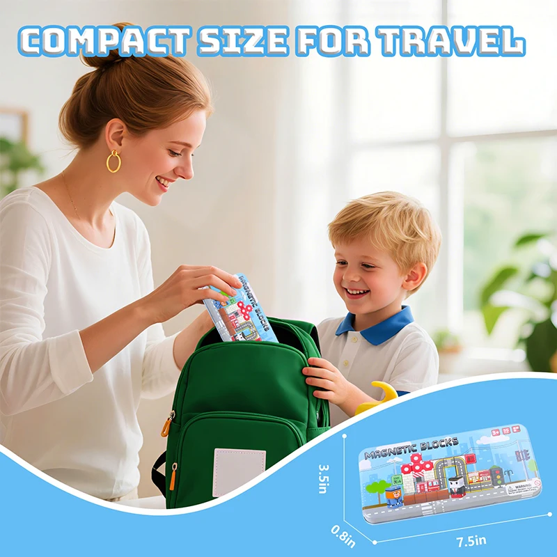 35個入り 道路テーマ マグネット式 積み木 マグネットキューブ ポータブル鉄製ボックス付き STEM感覚玩具 旅行用おもちゃ 子供向け クリスマスプレゼント