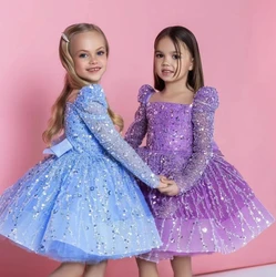 Sleeves Glitter Lush Girl Party Dresses Elegant Fluffy Girl Princess Dress Shiny Pearls luxurious Birthday Wedding Dress Girl