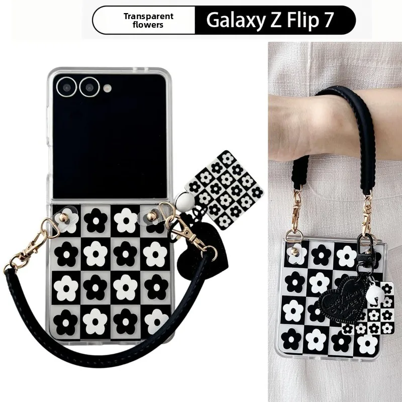 Черно-белый чехол для телефона с клетчатым цветком для Samsung Galaxy Z Flip 7, 6, 5, 4, 3, Flip7, защитный чехол с ремешком на запястье