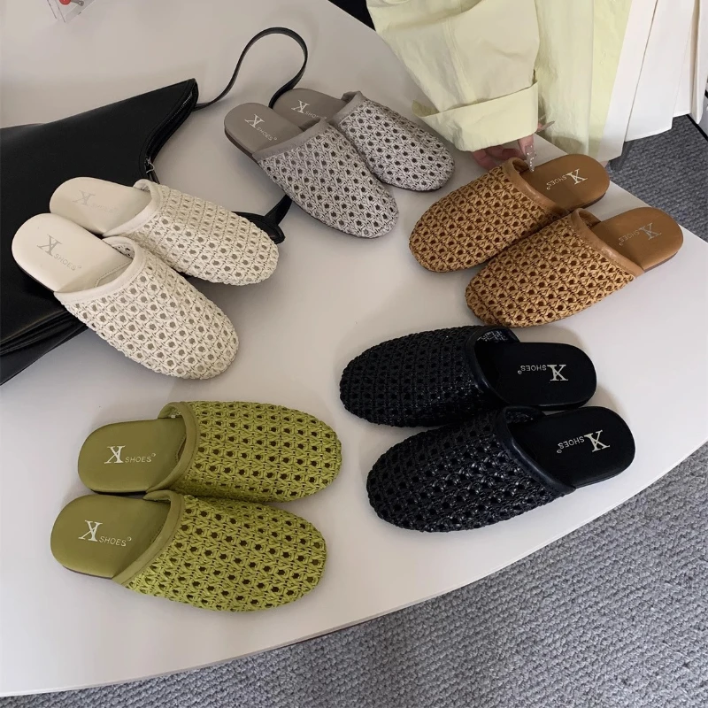 

2025 New Women Flat Sandals Mesh Knit Hollow Braided Summer Breathable Non Slip Slip-On Dressy Casual Vacation Slides Slippers