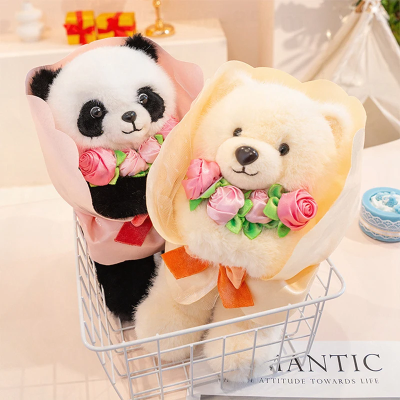 

Kawaii Plush Toy Stuffed Doll for Kids Birthday Gift Cute Flower Bouquet Holding Teddy Bear for Valentine Wedding Surprise