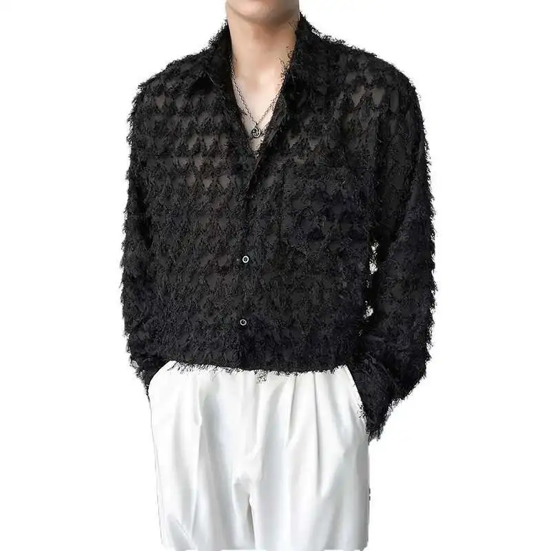 LUZHEN Sleeve Shirt Spring 2025 Trendy Men\'s Casual Long Solid Color Elegant Splicing Tassel Niche Design Fashion Tops 65aae1
