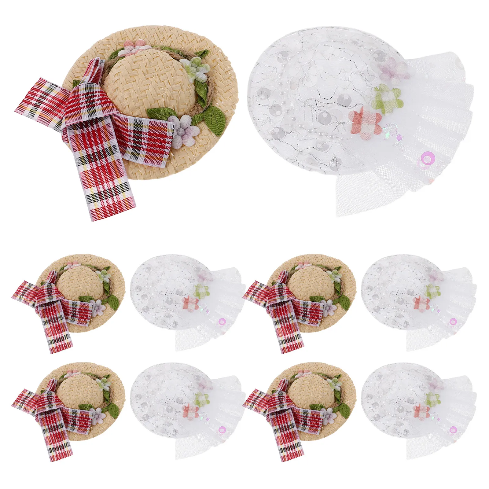 10 Pezzi Mini Cappelli Intrecciati, Piccoli Sombrero con Fiore in Pizzo e Fiocco, Decorazioni per Casa delle Bambole, Cappelli in Miniatura per Feste, Ornamenti Fai-da-Te