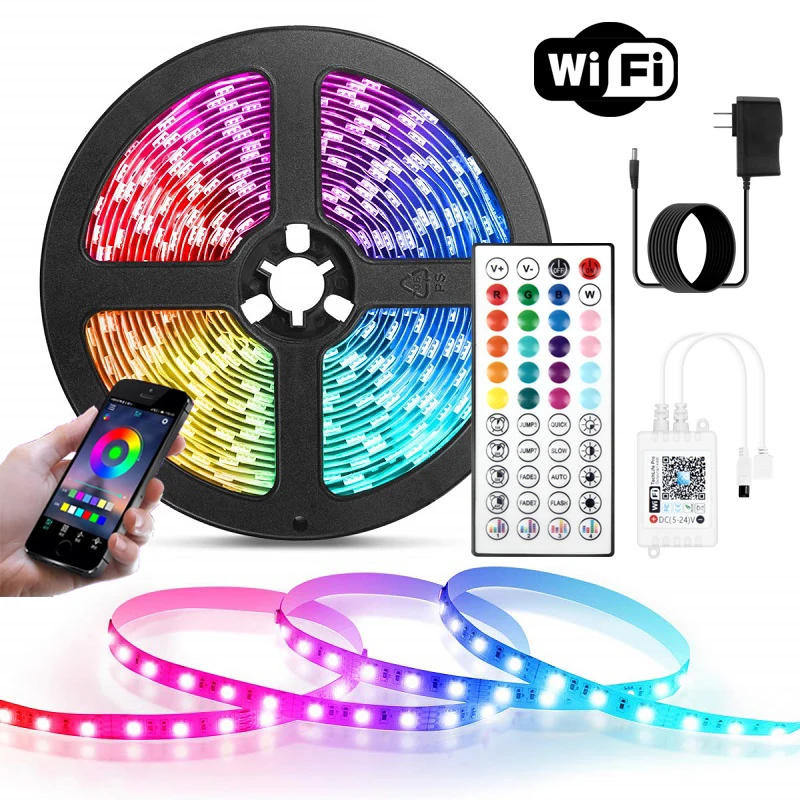 RGB LED Strip Lights 5050 Bluetooth WIFI Control Fita 16Ft-98.4 Feet For TV Computer Bedroom Holiday Party Supports Alexa Google