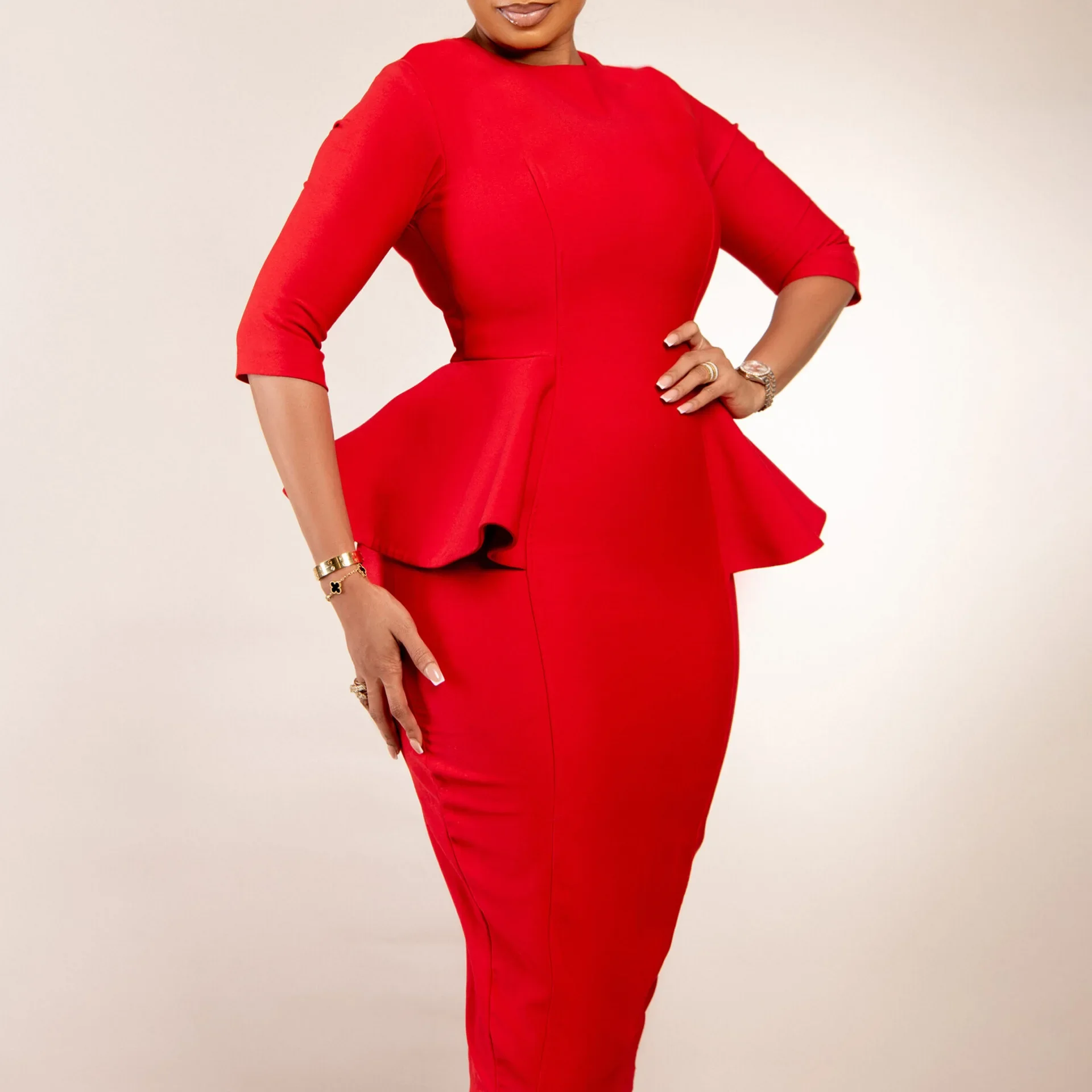 

Fashion Sexy 3/4 Sleeve O-Neck Ruffled Hip Pencil Dress Spring Autumn Solid Color Women Elegant Office OL Slim Midi Dresses