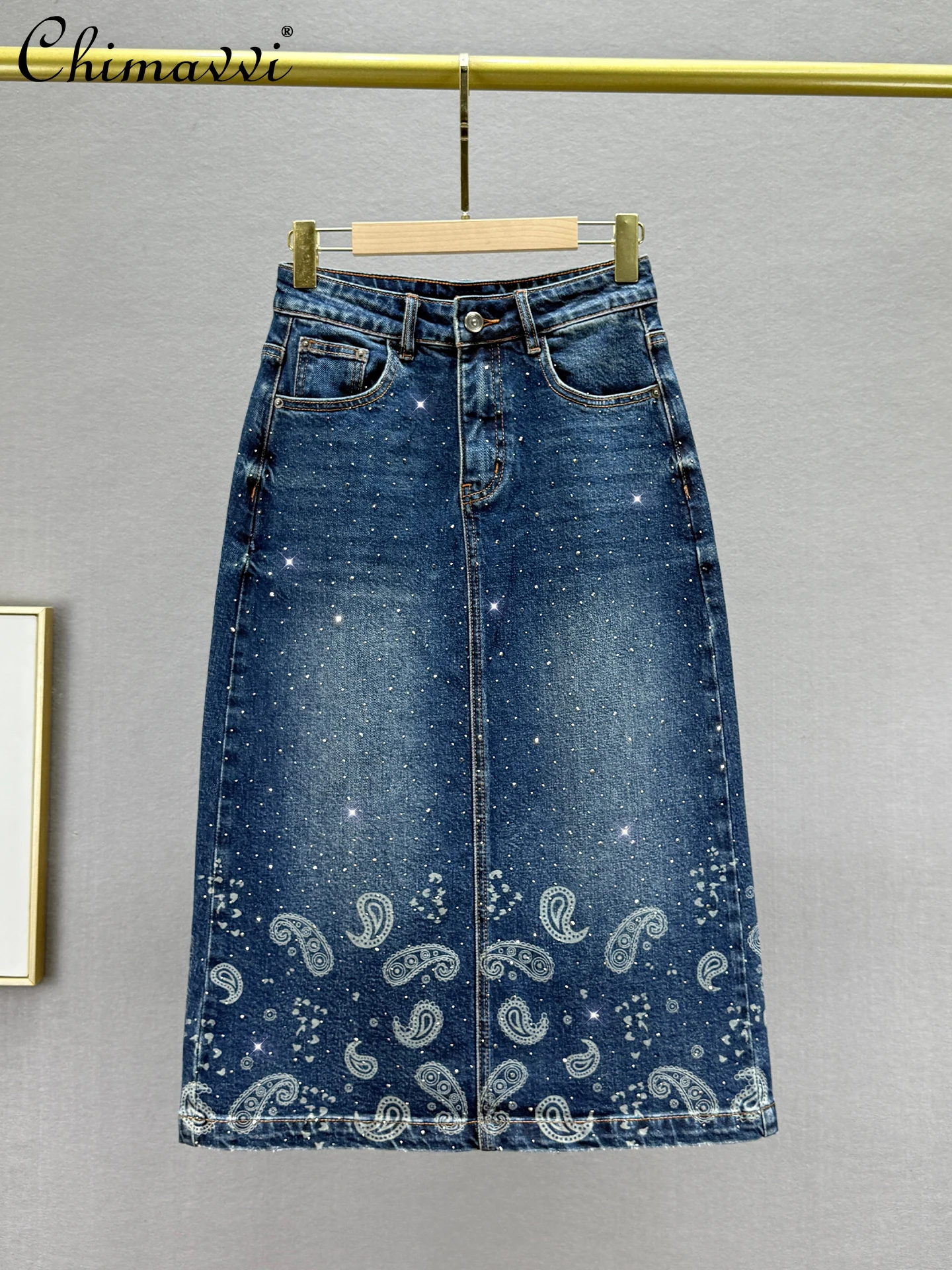 

Тяжелая джинсовая юбка-миди со стразами для женщин, осень 2023, новые свободные утягивающие юбки средней длины с высокой талией в европейском стиле