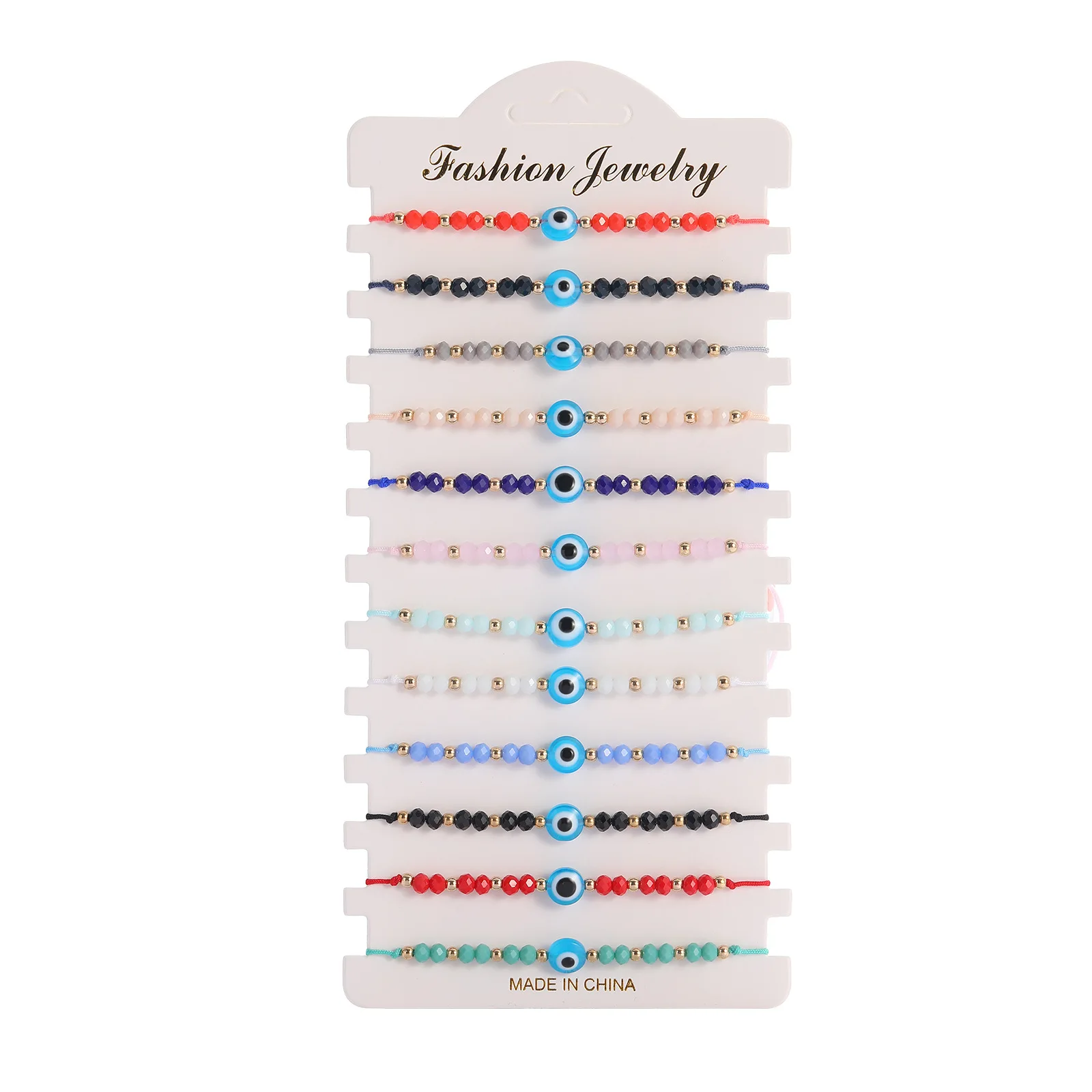 12pcs/Set Wholesale Glass Crystal Round Evil Eye Lucky Bracelet Women Hot Fashion Summer Beach String Braided Jewelry Present