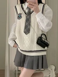 Japanese Cute School Uniform Women Korean Winter Knitting Sweater Skirt Sets V-neck Long Sleeve Jk Uniform School Girl Cosplay