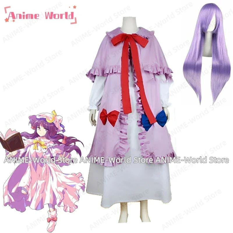 

《Custom size》Anime Game Touhou Project Patchouli Knowledge Cosplay Costume Uniform Cos Dress Halloween Party Role Play Wig