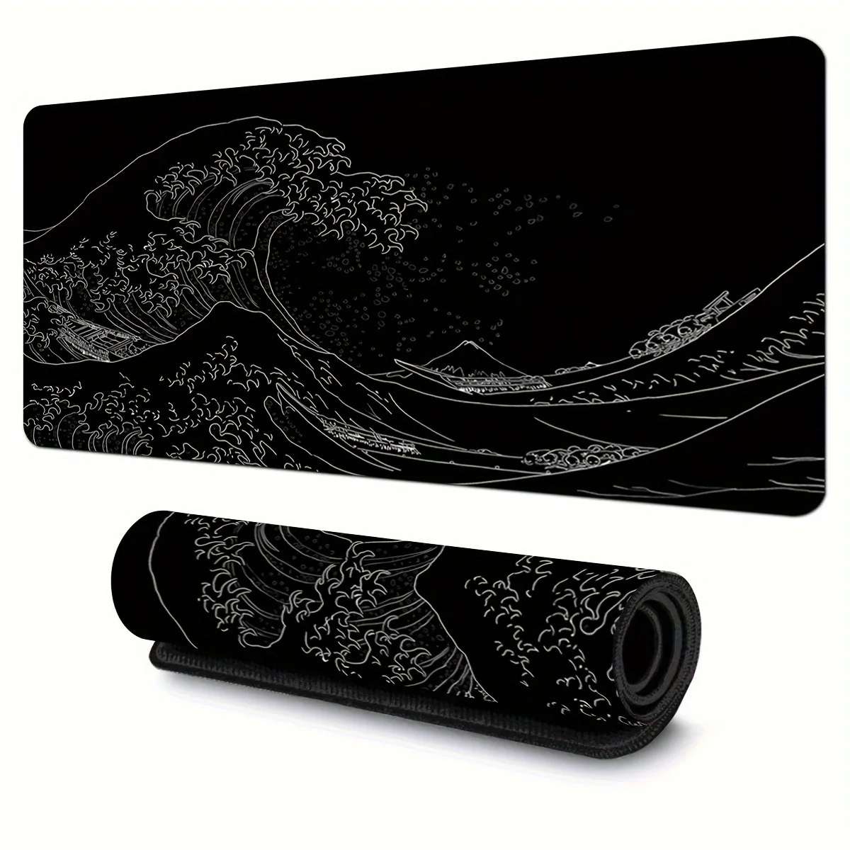 

1pc Large Abstract Japanese Waves Sea Mouse Pad - Non-Slip Rubber Base, Stitched Edges, Waterproof, Durable, and Smooth Tracking