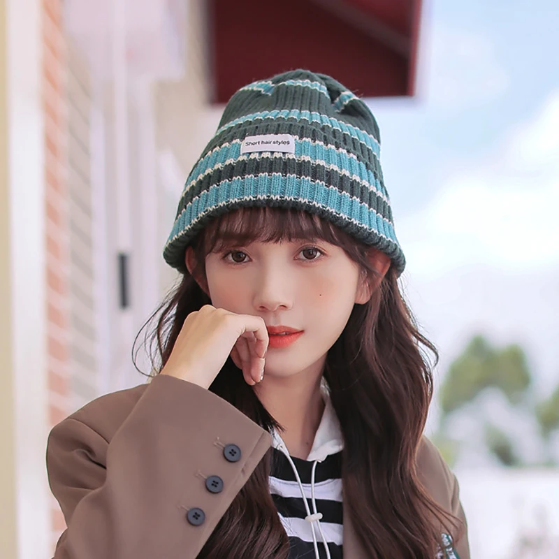 Fashion Striped Knitted Beanie Caps For Women Men Elasticity Windproof Warm Beanie Hats Autumn Winter Hat