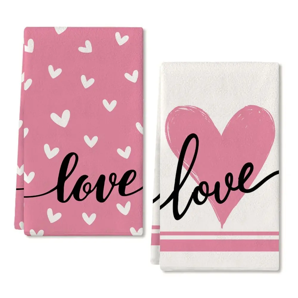 2 Stück Bauernhaus-Valentinstag-Handtücher – rosa Herz-Liebesschild, saugfähige Geschirrtücher für Zuhause, Hochzeitsdekoration und Küchengebrauch