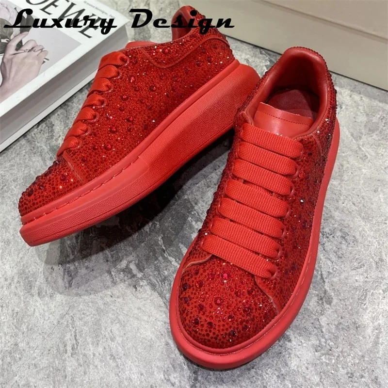 Luxury Rhinestone Sneakers Men Platform Casual Shoes Round Toe Lace-up Walking Shoes Woman Solid Color Crystal Designer Sneakers