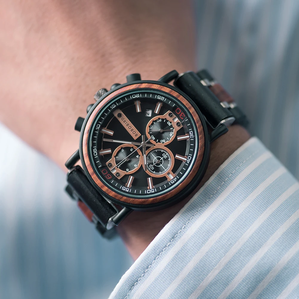 Herrenuhr BOBO BIRD Top Fashion Holz Militäruhren Chronograph Datum zeigt leuchtende Nadeln Tolles Geschenk relogio masculino