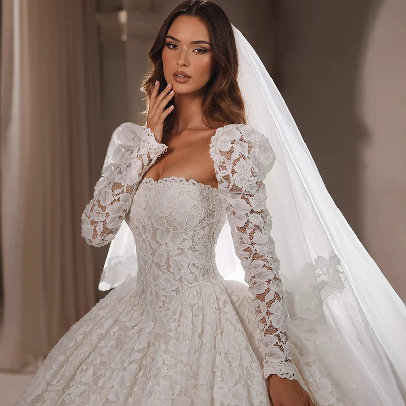 Eightree White A-Line Wedding Dresses Strapless Long Sleeve Lace Bridal Ball Gown Princess Bridal Ball Prom Dress Customized