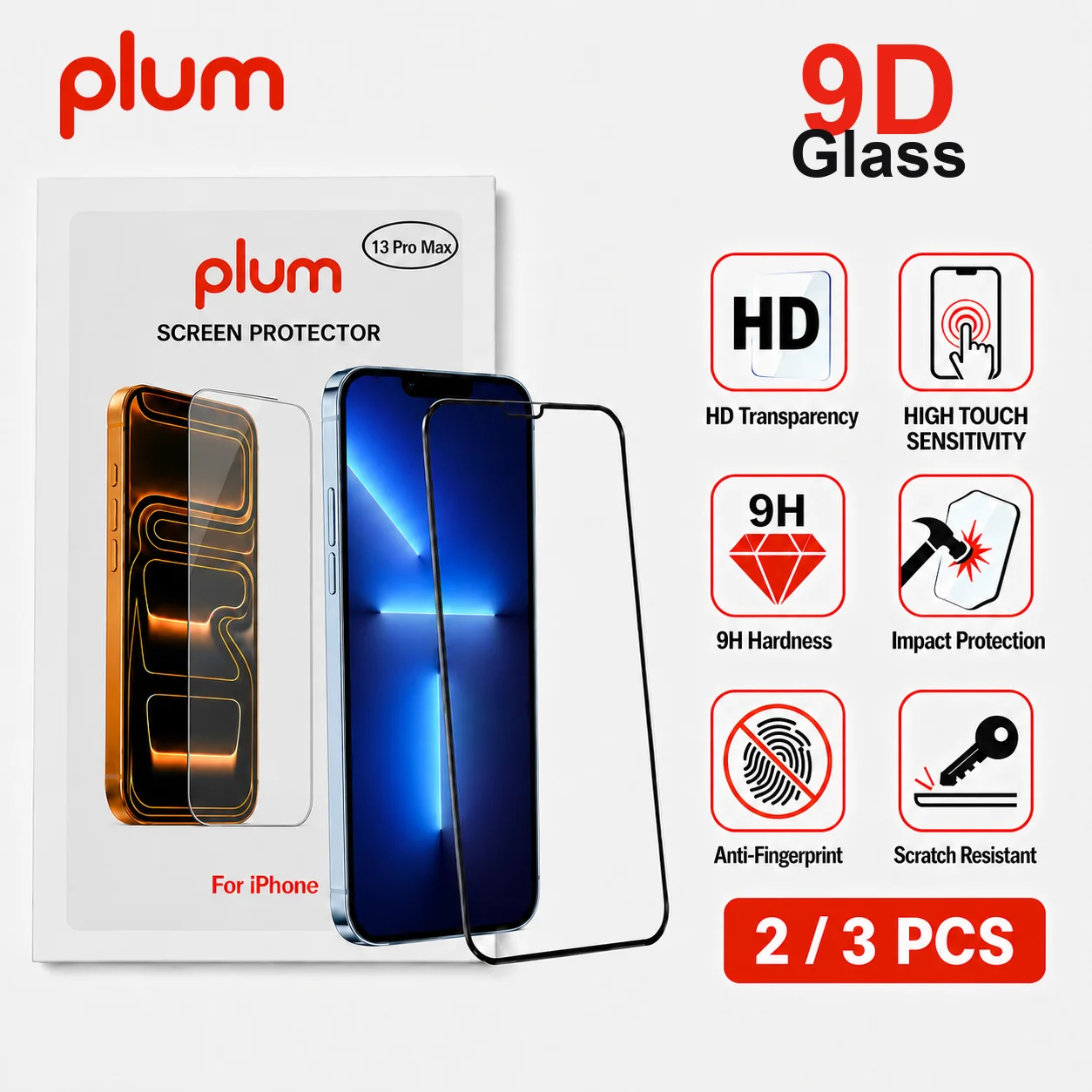 Plum Tempered Film Glass for iPhone 13/13 Pro/13 Pro Max Dust Free Easy Installation HD Tempered Screen Protector Anti-scratch