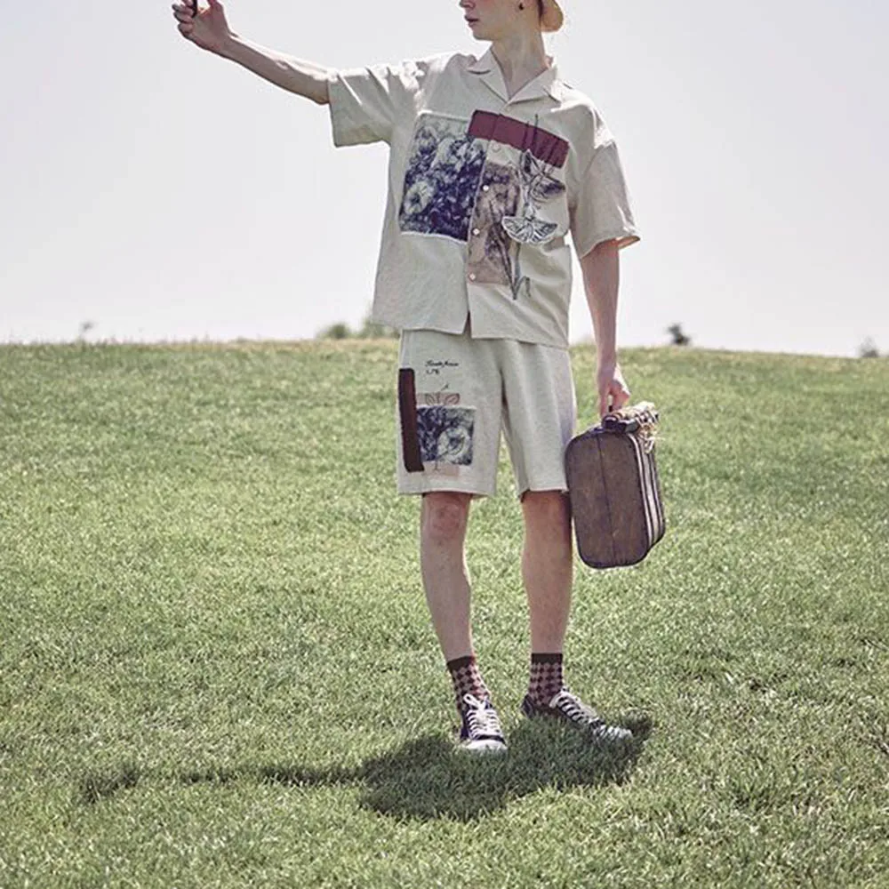 Men Summer Two-Piece Sets Printed Stitching Butterfly Shirt Shorts Streetwear Fashion Youth Campus All-Match Suit Men'S Clothing