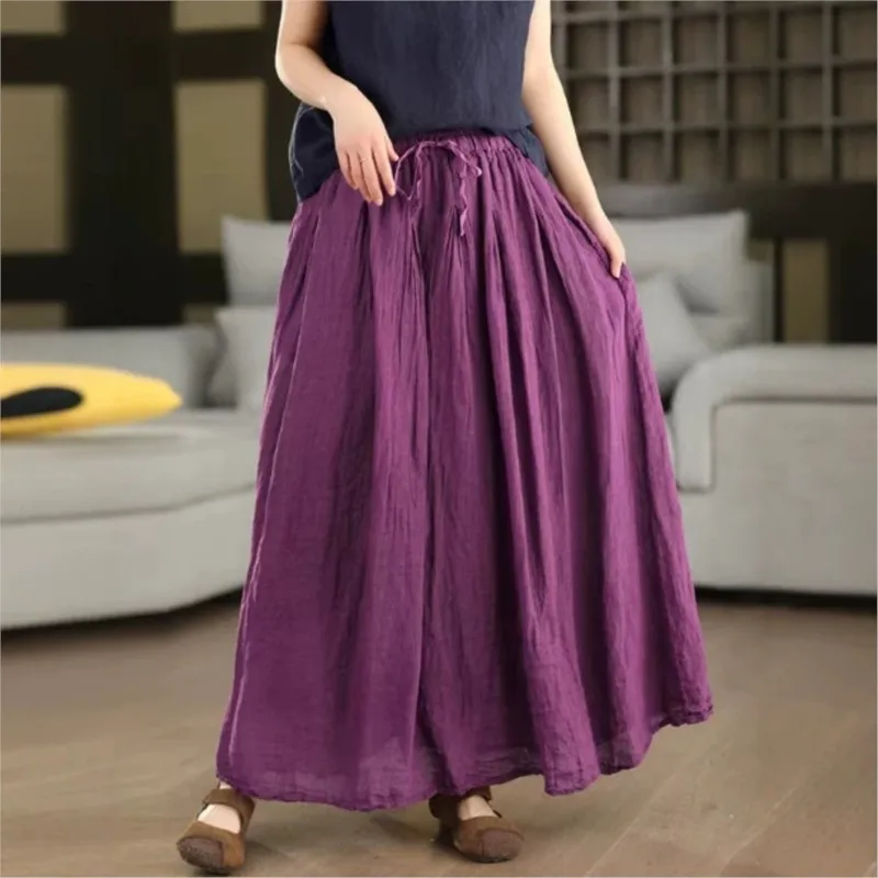 Johnature Women Vintage Linen Skirts 2026 Summer New Chinese Style Solid Color Elastic Waist Cloths Female Casual Soft Skirts