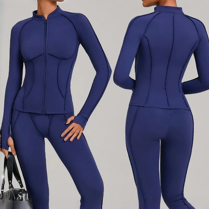 

Women's Stand Up Collar Zipper Yoga Suit Quick Drying Tight Fitting Slimming Long Sleeved Outdoor Sports Running Fitness Suit