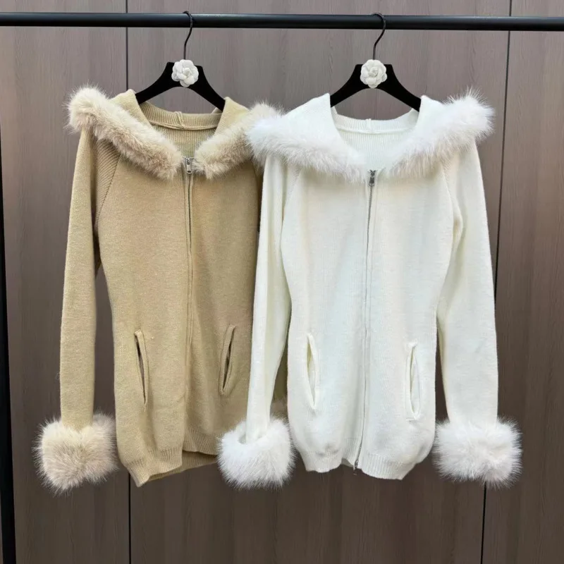 [ZOCI] Winter Simulation Mao Hooded Long Sleeved Waist Minimalist Pure Desire Fur Collar Cardigan