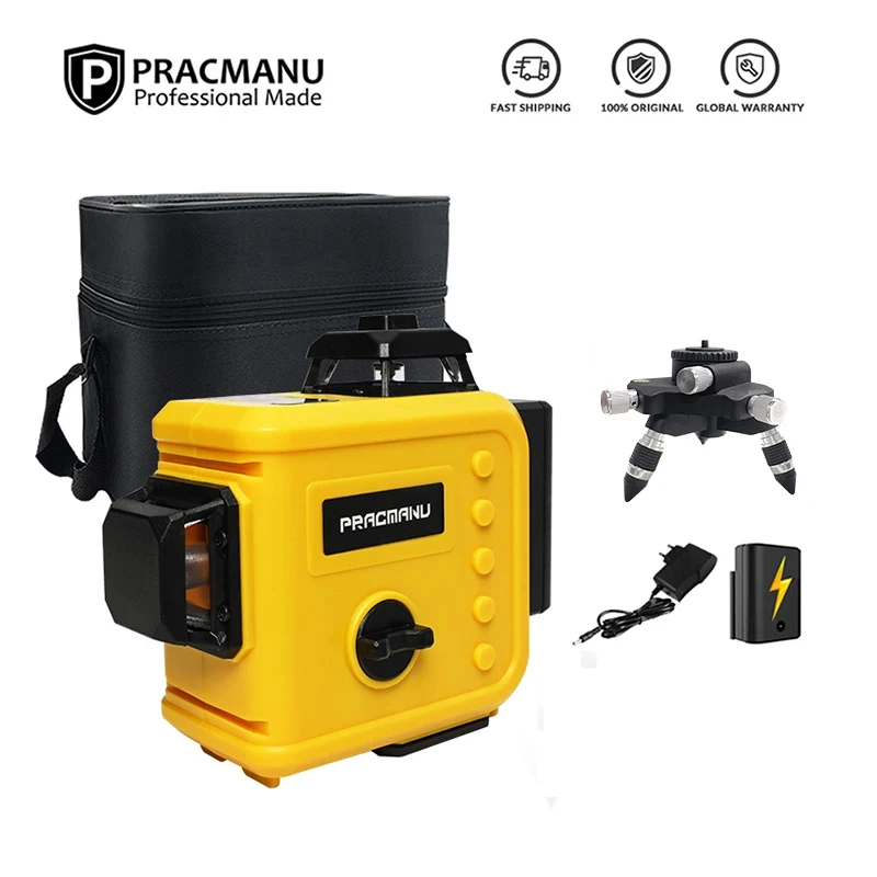 Pracmanu 3D 12 Lines Laser Level 360 Self-Leveling Horizontal and Vertical Cross Line Green Laser Beam