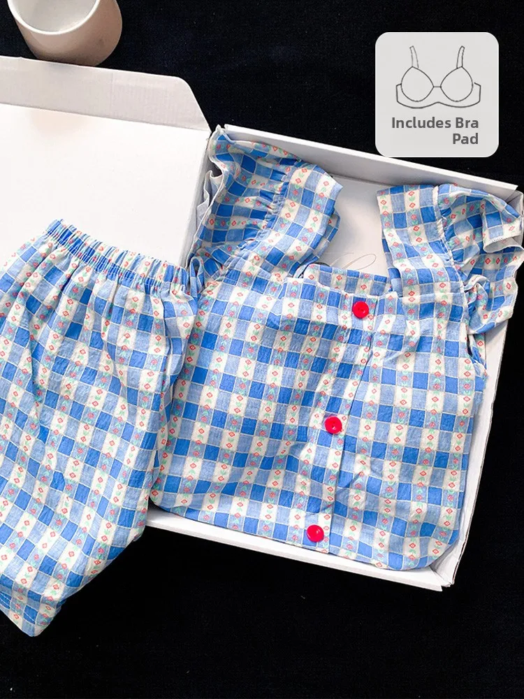 

Sweet Fre Floral Print Korean Sle Women's Summer New Plaid Spwear Set with Strap Vest And orts Home Clothes