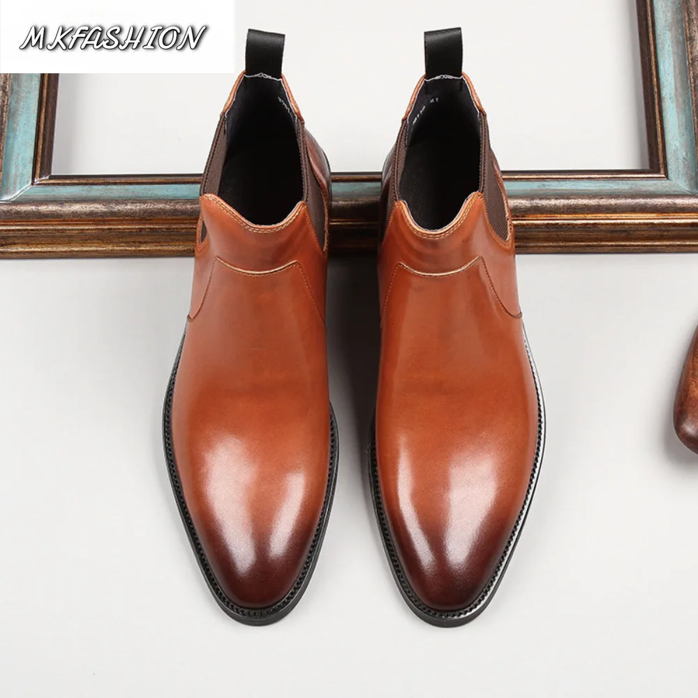 Autumn Business Leather Boots Men Fashion Mid Top British Pointed Toe Elastic Side Casual Gentleman Shoes