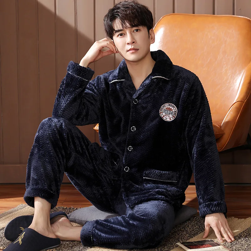 Newest M-4XL Men Pajamas Set Winter Thick Warm Flannel Pyjama Male Long Sleeve Sleepwear Turn-down Collar Pyjama