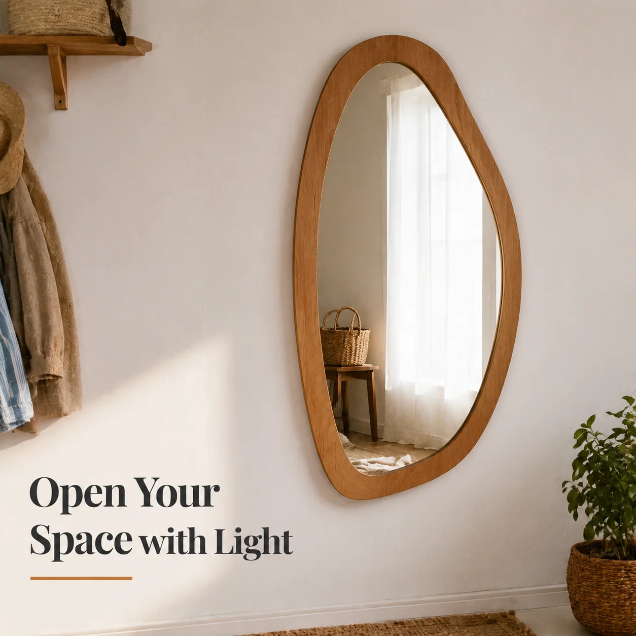 Miroir mural style fenêtre avec cadre en placage de pin, bois naturel, 91,5x45x3 cm pour la décoration du salon et de la chambre