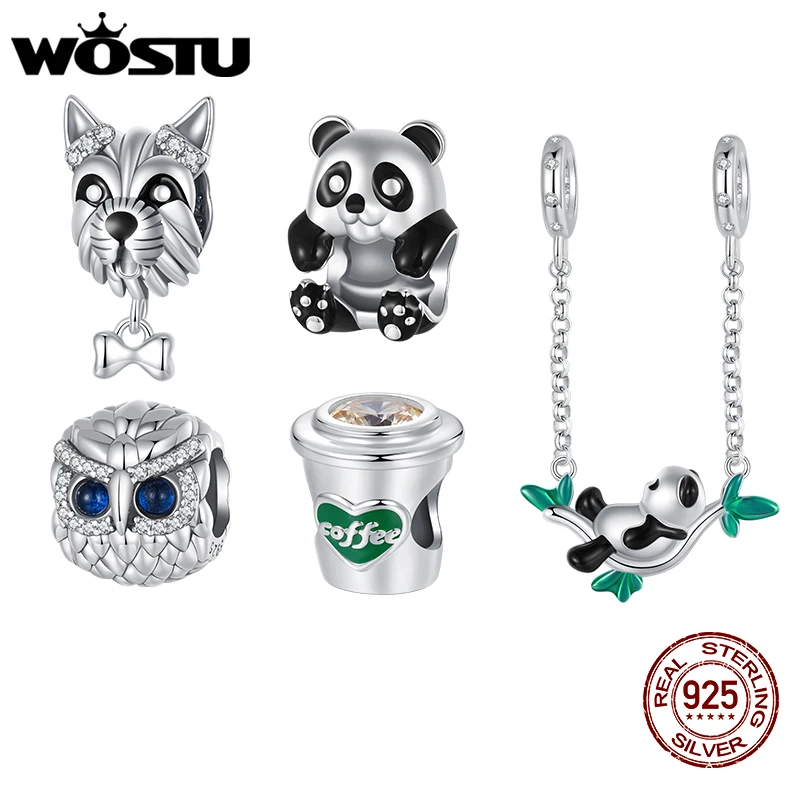 WOSTU 925 Sterling Silver Cute Panda Safty Chains Owls Dog Animal Charms Coffee Cup Beads fit Bracelets DIY Necklace PartyGift