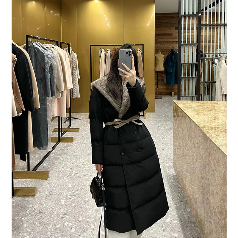 2023 Winter Vrouwen Lange Jassen Vullen Witte Ganzendons Met Natuurlijke Real Mink Bontkraag Luxe Dikke Warme Hooded Mode jas