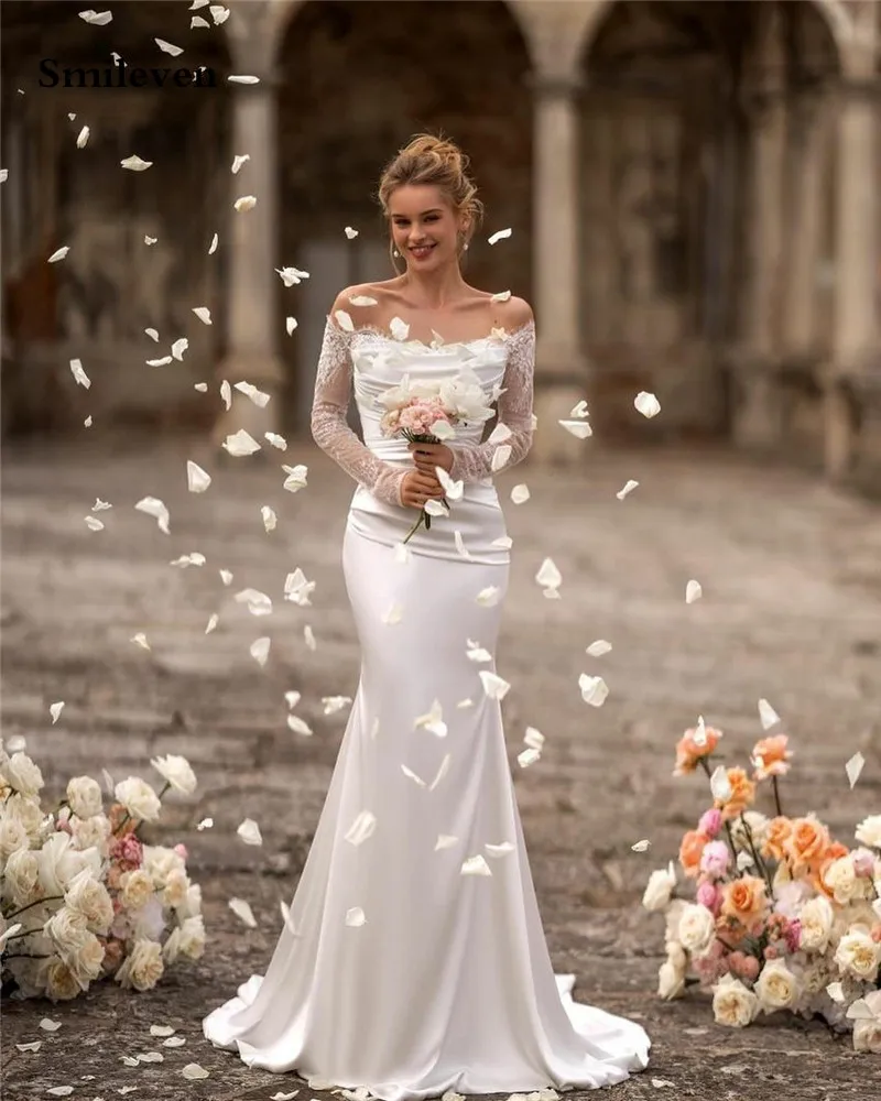 Smileven-Robe de mariée en dentelle à manches longues, robes de mariée sirène en satin, poignées éducatives, train amovible, patients de princesse, quoi que ce soit