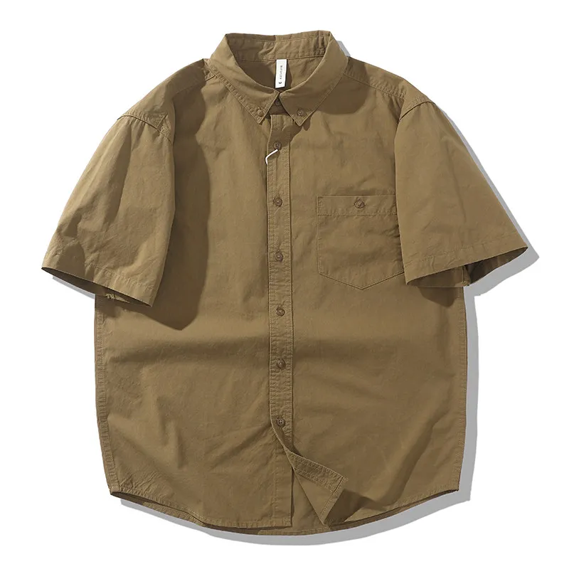 Good Quality Japan Style 100% Cotton Short Sleeve Casual Shirt Summer Fashion Solid Color Simple Basic Cargo Streetwear Tops
