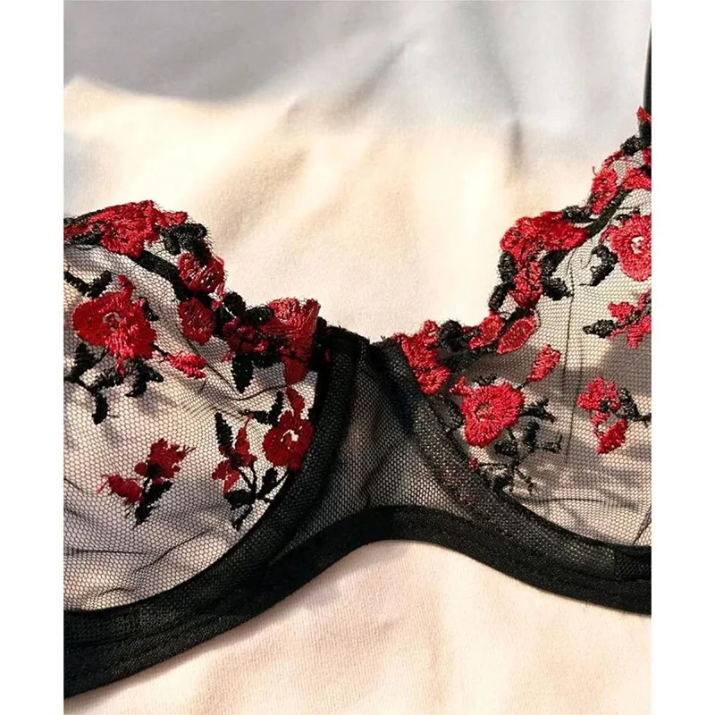 Tornova Mesh Stickerei Blume Durchsichtige Sexy Interessante Unterwäsche Panty Plunge Exposed Nabel Schlank Sexy Spitze Unterwäsche Set