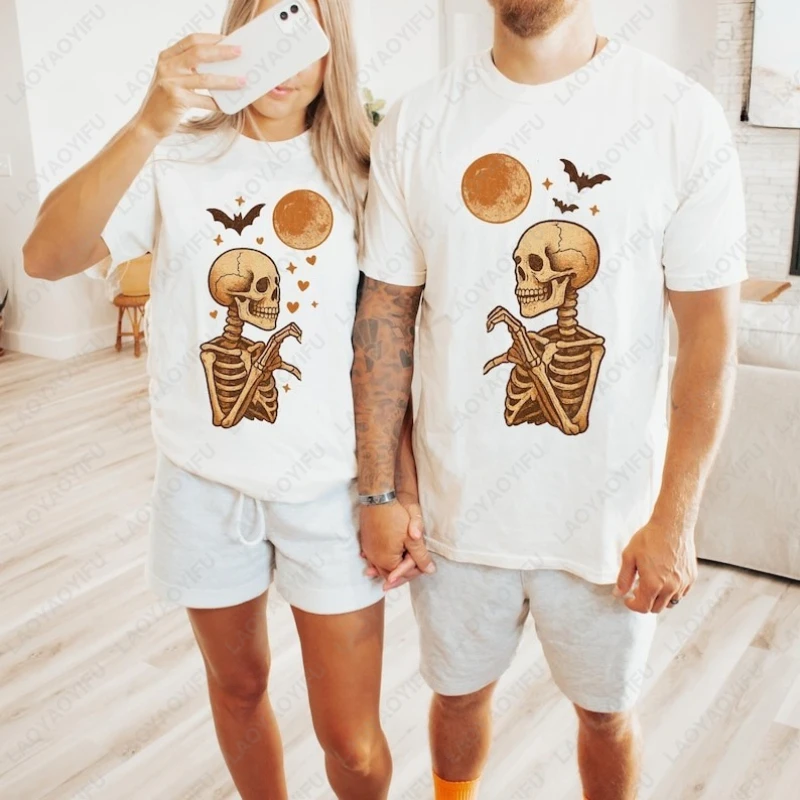 Matching Skeleton Couple Pair Tshirt Halloween for Him Her Men Women Cotton Clothes Spooky Cute Ghost Love Tees Unisex Fall Tops