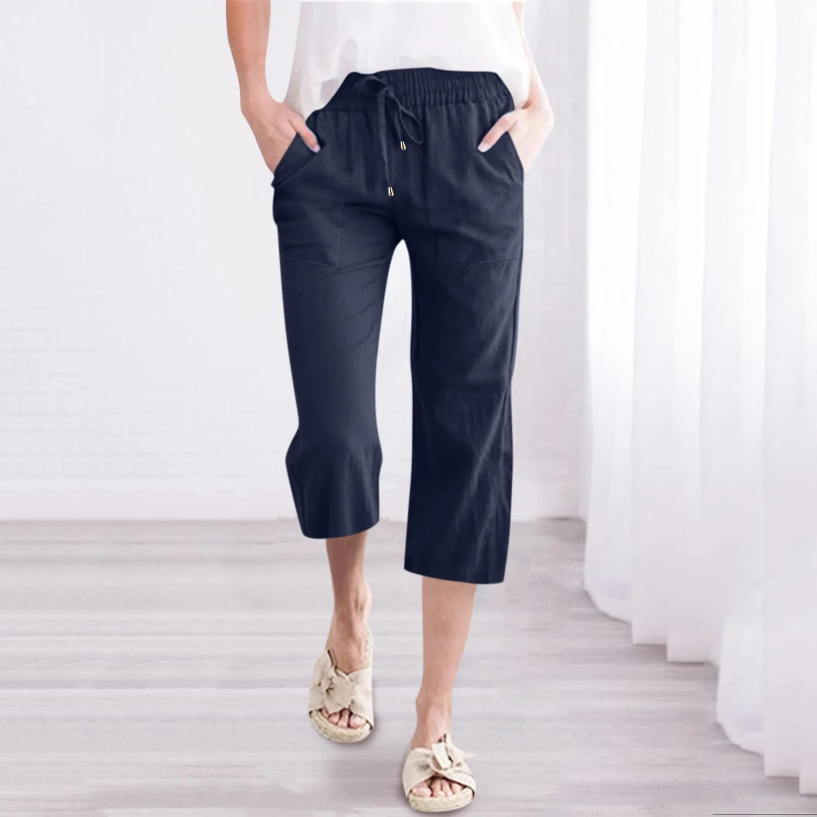 

Women Wide Leg Capri Pants High Waisted Fashion Drawstring Elastic Cropped Trousers Comfy Straight Leg Long Pants Pockets Summer