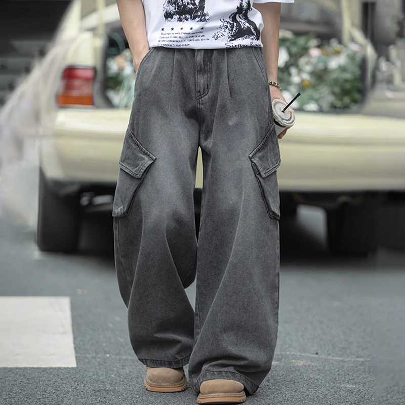 

Vintage Washed Straight Leg Jeans Men 2025 Summer New Side 3D Pockets Streetwear Loose Cargo Trousers Casual Baggy Denim Pants