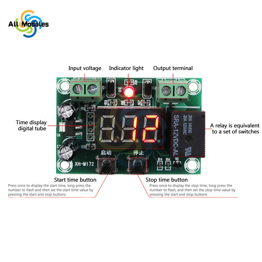 DC 12V Intermittent Work Module 1-999 Minutes Timing Work Module Intermittent Output Switch Control Board