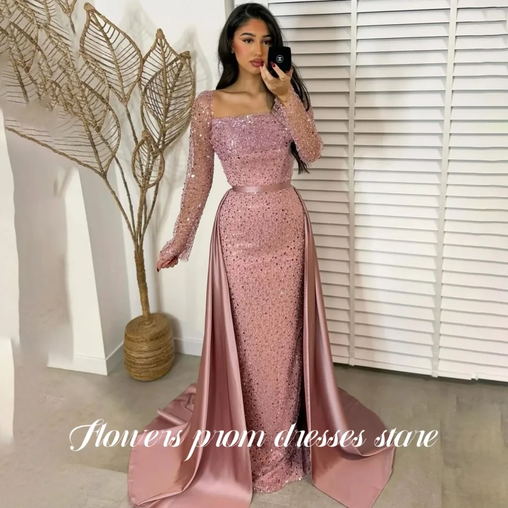 

Flowers Pink Glitter Prom Dress Trumpet Evening Party Dress Full Sleeve Celebrity Dress with Pleats vestido de fiesta Customized