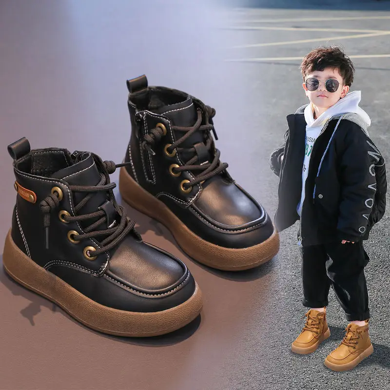 Boys British Style Winter Ankle Boots 2026 Warm Fleece Lined Thick Kids Leather Shoes for Autumn Cold Weather
