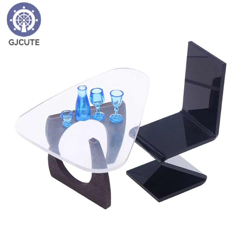 Doll House Mini Simulation Acrylic Table And Chair Miniature Living Room After Eating Scene Decor Tea Table Wine Props Model