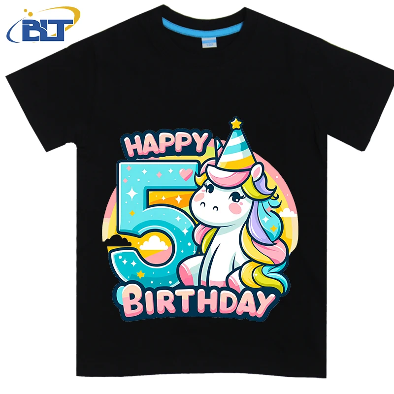 Magical Unicorn Happy 5th Birthday Party Printed Kids T-shirt Summer Cotton Short Sleeve Casual Tops for Boys and Girls