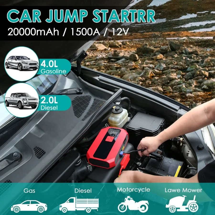 Draagbare Auto Jump Starter Luchtcompressor 1500A 400PSI Auto Acculader Jump Starter Power Bank LED Zaklamp Digitale Band I