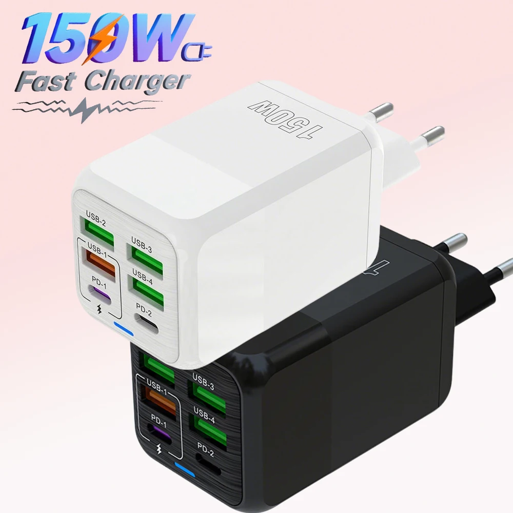 

150W Super Quick Charging Multi Ports Cellphone Chargers Head 4 USB A 2 PD Wall Charger Adapter for IPhone 15 14 Samsung Xiaomi