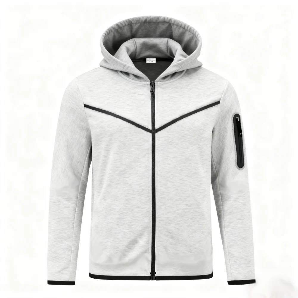 

New style European-American men's winter coat cardigan with zipper and hood, solid color, casual sportswear, arm zipper top shir