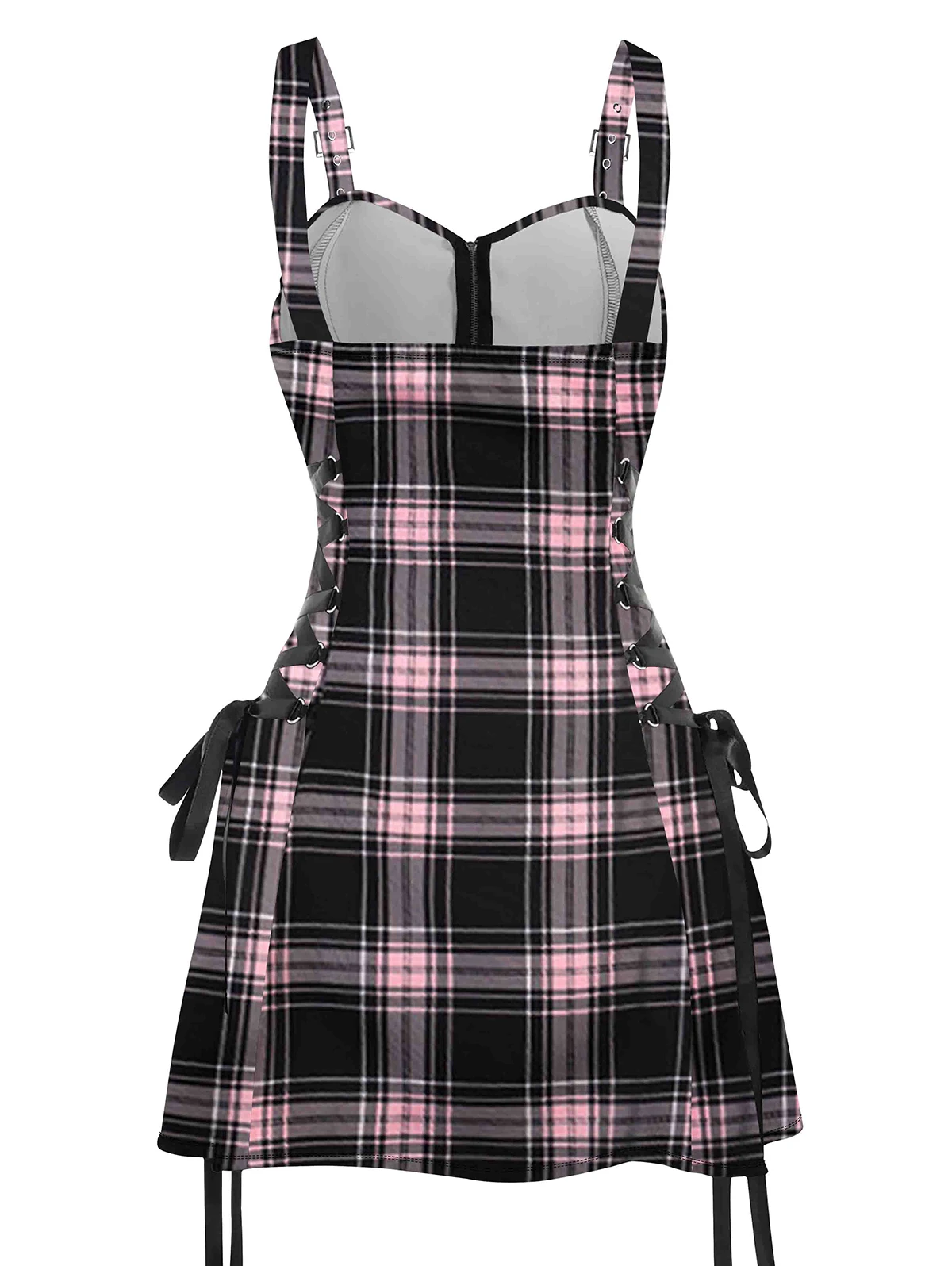 Dressfo 2024 Womens Retro Plaid Print Lace Up Dress O Ring Half Zipper Adjustable Buckle Strap Sleeveless Mini Dress