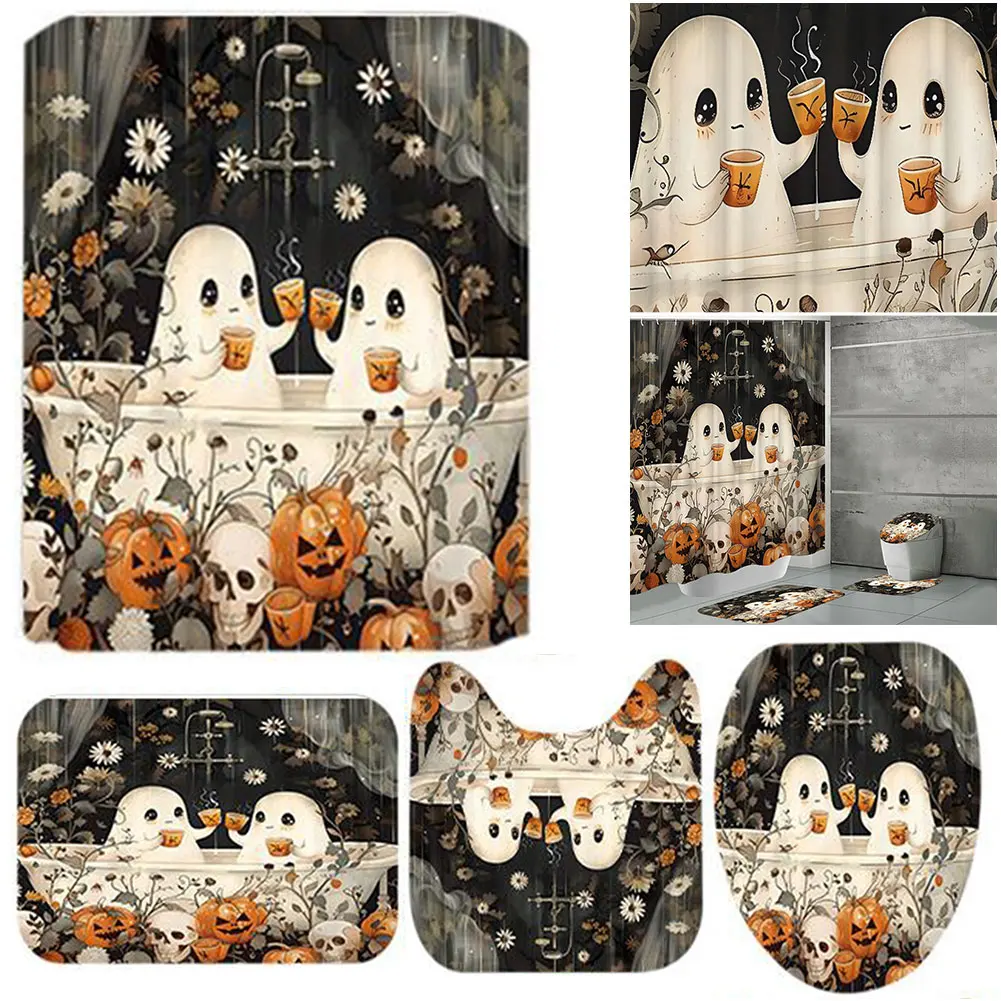 1/4pcs Cute Ghost Shower Curtain Cartoon Fabric Spooky Halloween Shower Curtain Home Bathroom Decor Set Rug Toilet Cover