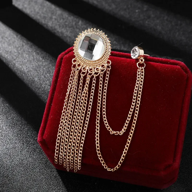 Metall-Strass-Kristall-Brosche-Set – Herren-Anstecknadel mit Hemdkragen und schwarzer Quaste, luxuriöse Corsage-Broschen, Schmuckzubehör – Detail 7