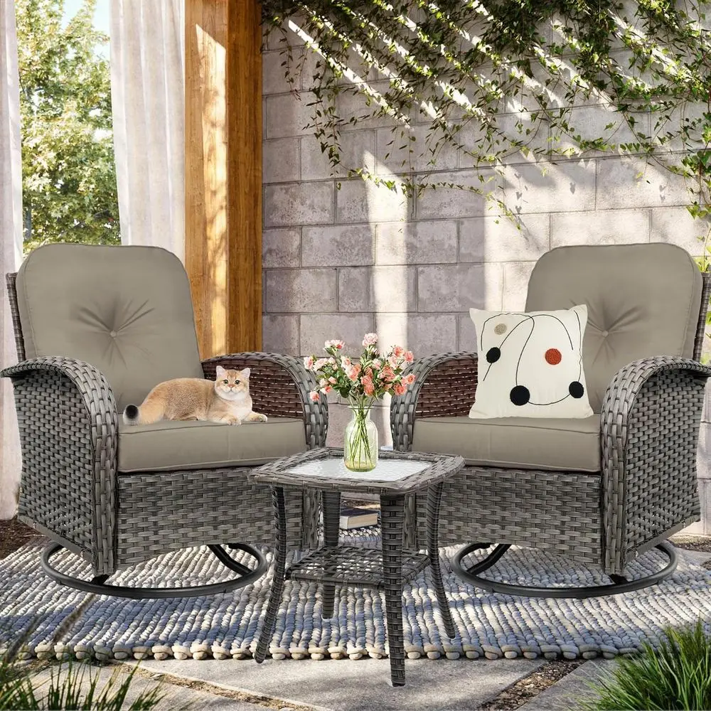 2-Piece Swivel Wicker Patio Chair Set with 360° Rotation and Glass Top Table, Khaki
